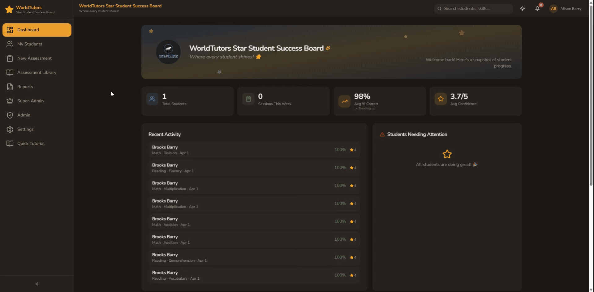 Star Student Success board: dashboard, metrics, recent activity, and student progress